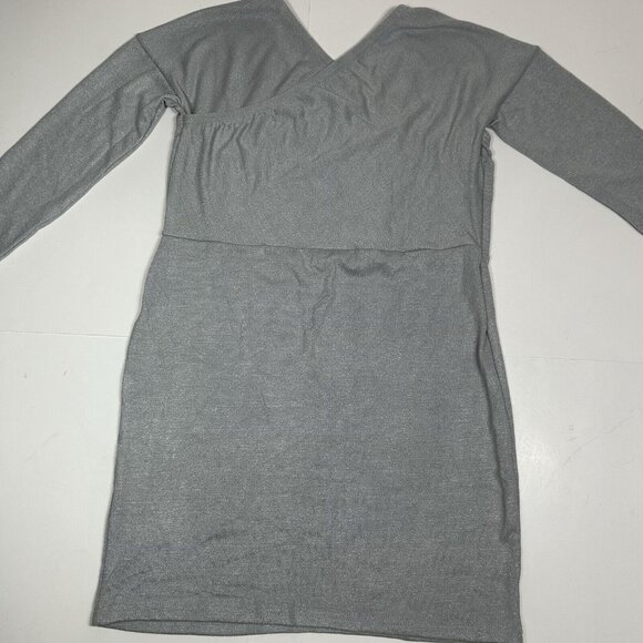 Unbranded Bodycon Mini Dress Ribbed Faux Wrap Long Sleeves Gray Metallic Sz L - Picture 6 of 6